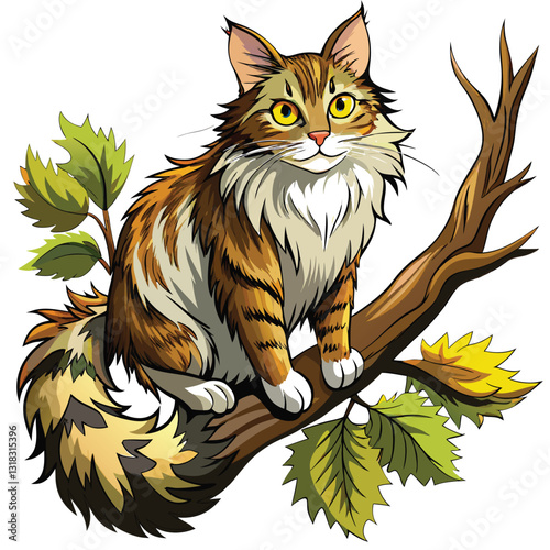 A majestic Norwegian Forest Cat gracefully ascends a sturdy tree branch, showcasing its long fur and powerful physique.