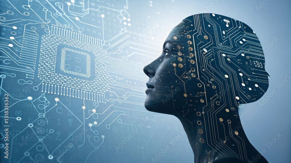 Obraz premium Futuristic AI Woman Profile Circuit Board Overlay Digital Technology Concept