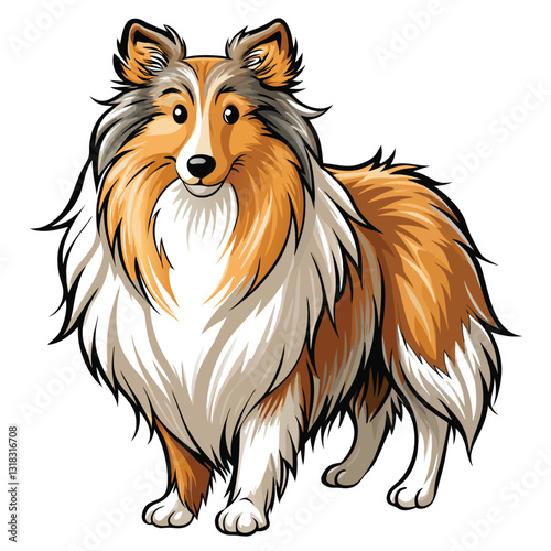 A fluffy Shetland Sheepdog, thick luxurious coat, standing alert,  bright eyes,  outdoor setting, natural light.