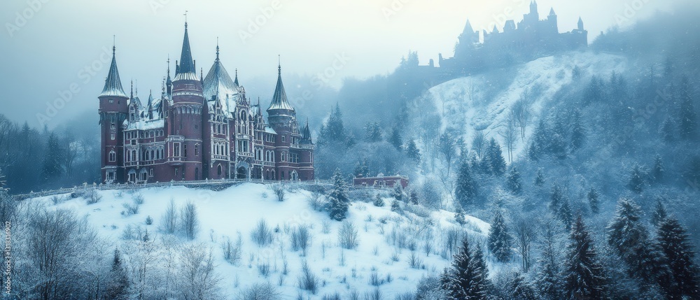 Obraz premium Snowy Magic Castle: Winter Mountain Woodland 