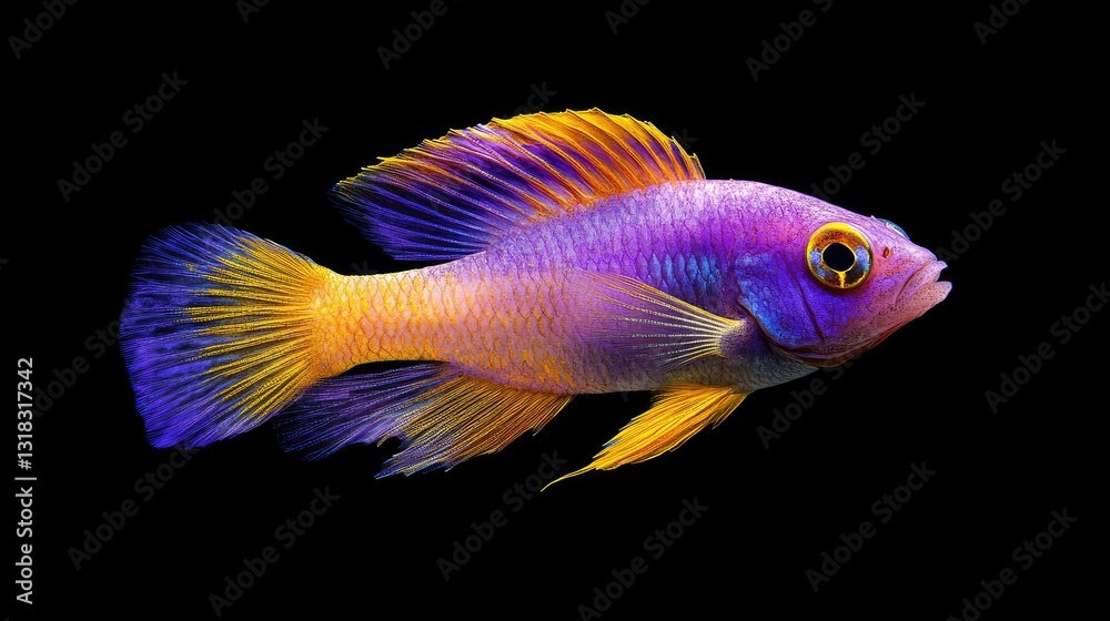 Fototapeta premium A striking royal gramma fish with bold purple and yellow hues swimming peacefully.