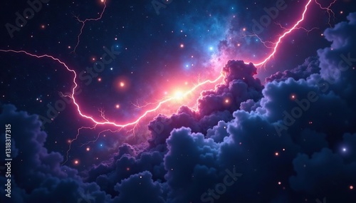 Cosmic Lightning Bolt Illuminating Space Object, charged particles, ionosphere