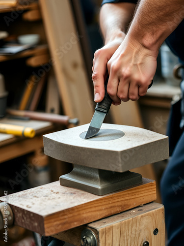 Carpenter sharpening tool on grindstone in workshop
