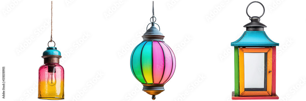 Fototapeta premium Colorful hanging lanterns. Decorative lighting for home decor and festive occasions.