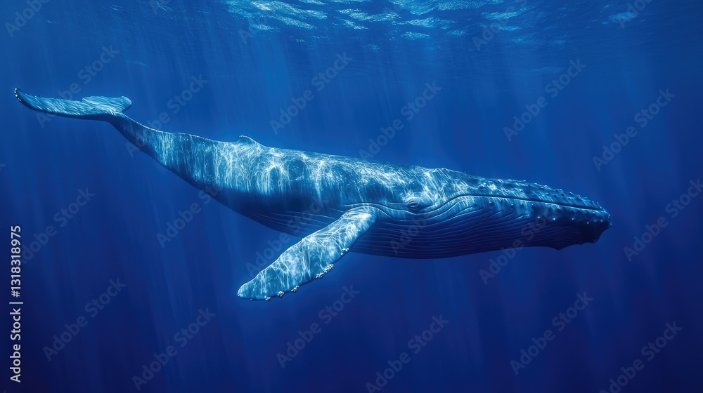 Fototapeta premium A breathtaking side profile of a blue whale, its massive form contrasting against the deep blue sea.