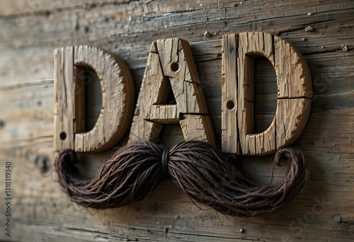fathers day graphic, distressed wooden letters spelling dad with rope mustache on aged wood surface. rustic texture vintage style.