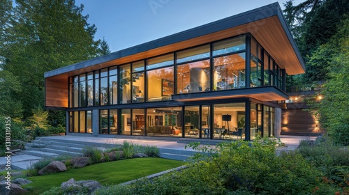 A sleek modern home design with floor-to-ceiling windows