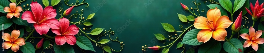 Exotic flower clusters entwined with curly greenery and long vines, flora, natural scenery, foliage Exotic flower clusters entwined with curly greenery and long vines, flora, natural scenery, foliage