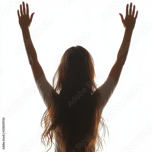 A sharp silhouette of a businesswoman, hands raised in a confident gesture, stands against a pristine white backdrop, exuding power and professionalism in a vector illustration. 