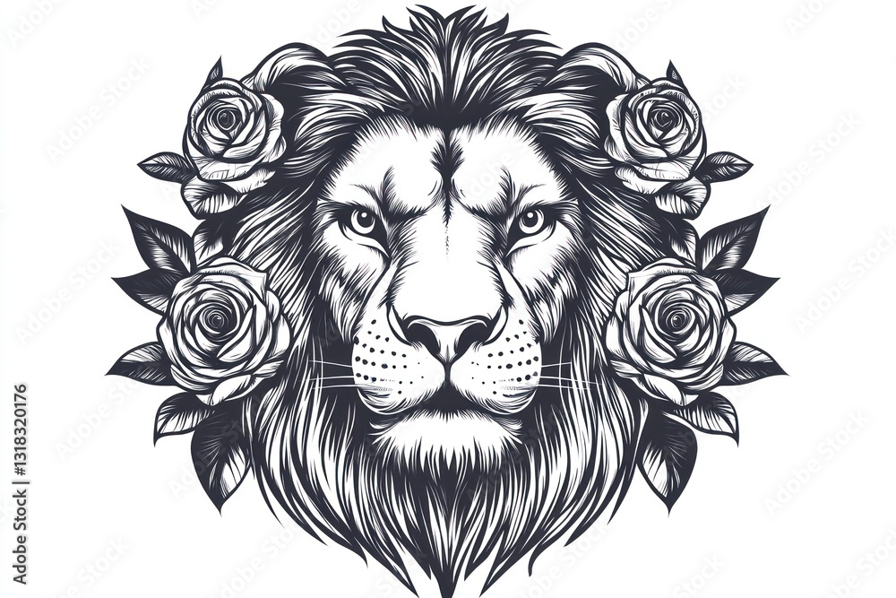Fototapeta premium Majestic lion head, roses, tattoo design, white background, graphic art