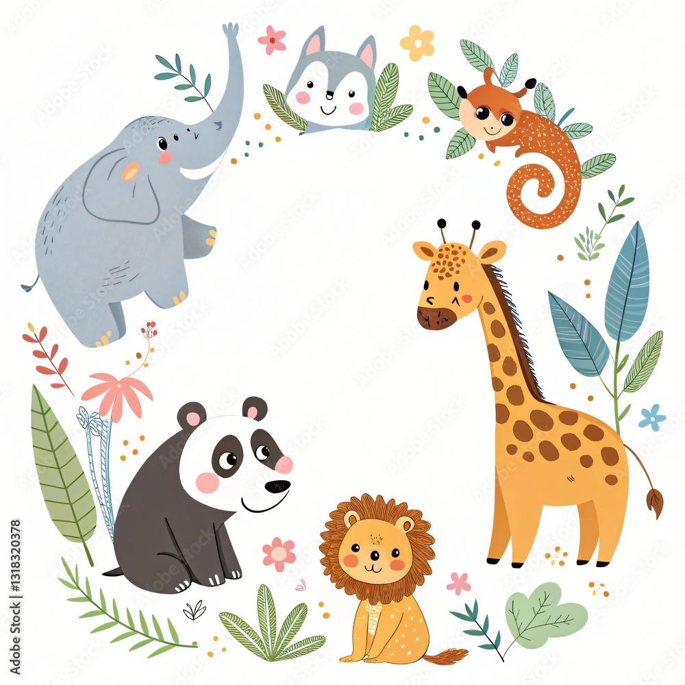 Naklejka premium Adorable Cartoon Animals Circle Frame Elephant Panda Lion Giraffe Husky Squirrel Illustration