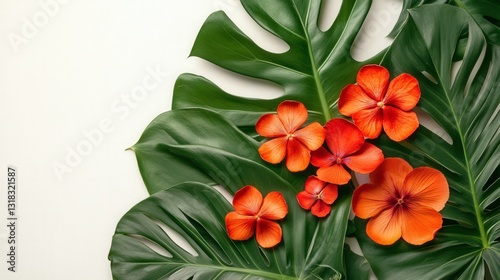 Vivid Tropical Flowers and Leaves on White Background