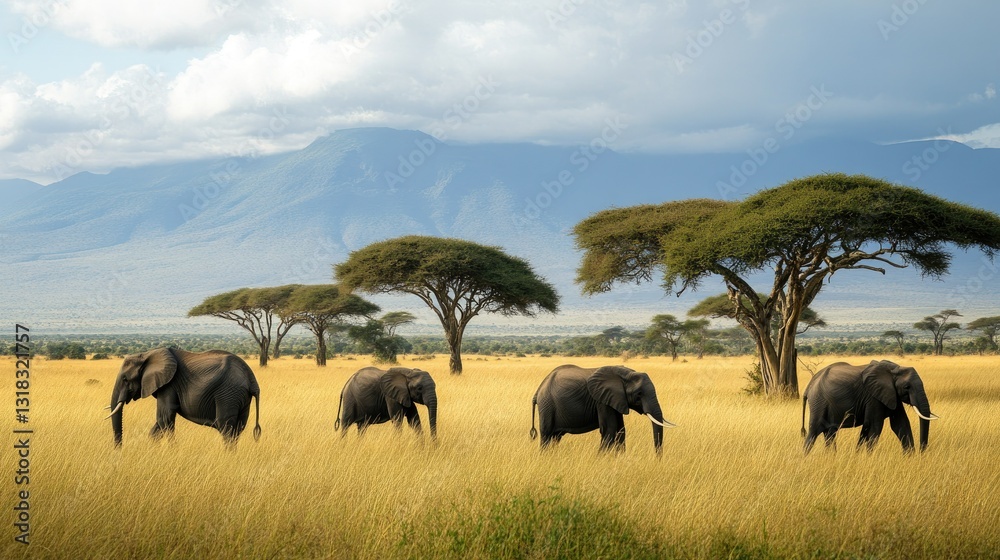 A group of elephants grazing peacefully in the grasslands, surrounded by acacia trees and distant mountains.