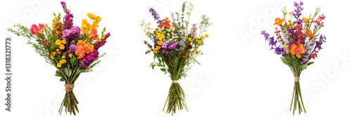 Three colorful wildflower bouquets tied with twine. Floral arrangements for decoration, gifts, or special occasions.