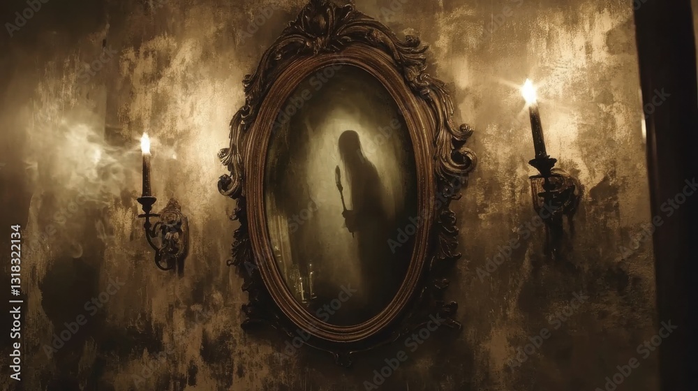 Obraz premium An enchanted mirror in a wizard study, reflecting a ghostly figure holding a wand, as the room flickers with candlelight.