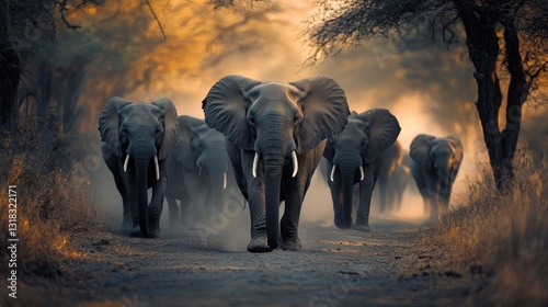 A herd of wild elephants crossing a dusty path, their trunks swaying as they move together through the wilderness.