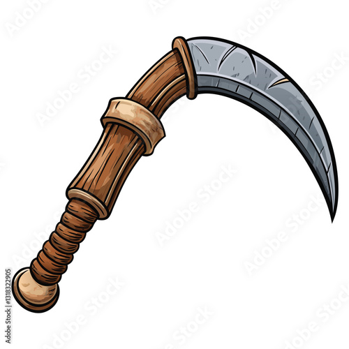 A weathered sickle with a curved, rusted metal blade, showing significant wear and tear; handle partially broken.