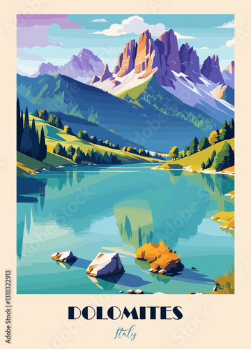 Dolomites, Italy Travel Destination Poster in retro style. Mountains and lake landscape. European summer vacation, holidays concept. Vintage vector colorful illustration.
