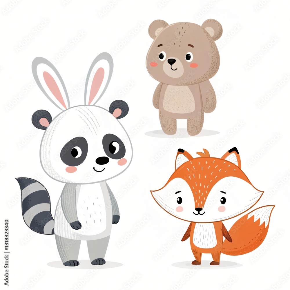 Fototapeta premium Adorable Cartoon Animals Panda Bear and Fox Illustration for Kids
