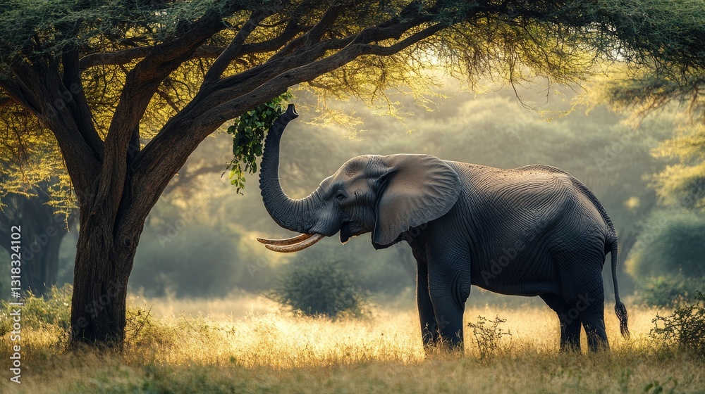 Fototapeta premium A massive elephant using its trunk to pull leaves from a tall tree, feeding in its natural habitat.