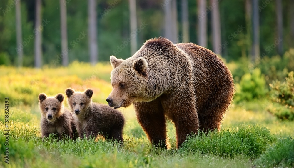 Fototapeta premium Brown bear, ursus arctos, mother with two cubs on green meadow. Generated image