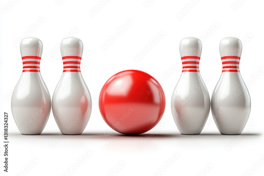 Bowling ball crashing into pins on white background.