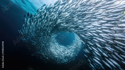 A massive school of sardines forming a swirling tornado shape as they move in harmony.