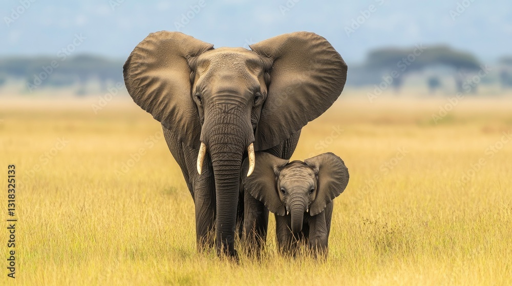 Fototapeta premium A mother elephant shielding her calf with her large ears, standing protectively in a grassy plain.