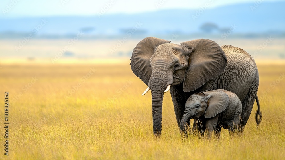 Naklejka premium A mother elephant shielding her calf with her large ears, standing protectively in a grassy plain.