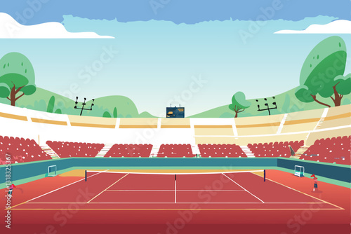 A surreal image depicting a colossal clay tennis court, dominating a desolate, cracked earth landscape.  Giant scale, surrealism, clay, tennis court, desolate.
