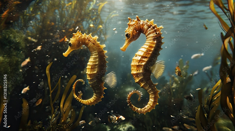 A pair of seahorses floating near the ocean floor, surrounded by tiny saltwater fish and swaying sea plants. A pair of seahorses floating near the ocean floor, surrounded by tiny saltwater fish and swaying sea plants.