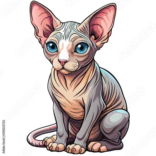 A confident, hairless Sphynx cat sits, showcasing its wrinkled skin and intense gaze.  Capture the feline's unique texture and self-assured posture.