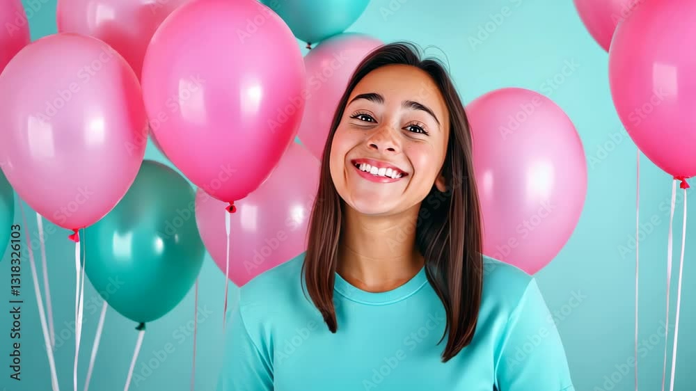 Smiling Woman with Colorful Pastel Balloons Against a Bright Turquoise Background for New Year Celebration and Festive Event Promotions, Featuring Pink and Mint Green Balloons
