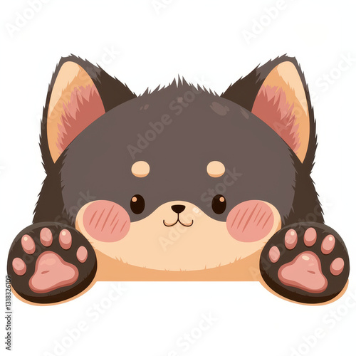 Cute chibi style dog with big ears and rosy cheeks peeking out playfully