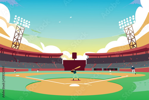 A sprawling, illuminated baseball diamond bathed in the warm glow of a setting sun, showcasing detailed textures and vibrant colors.
