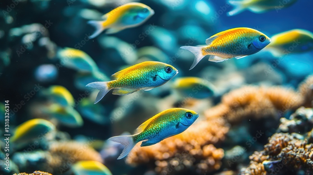 Obraz premium A playful school of damselfish in shades of blue, yellow, and green darting among corals.
