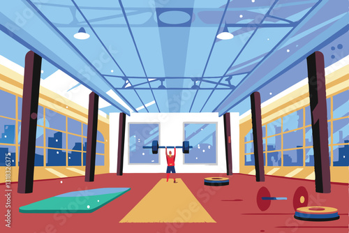 A bustling gym; weightlifter powerfully hoisting a barbell, showcasing intense exertion and focus amidst a vibrant, active fitness environment.