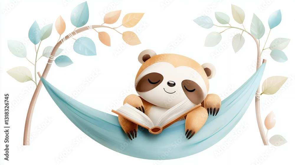 Obraz premium Adorable Sloth Napping in a Blue Hammock with Watercolor Leaves