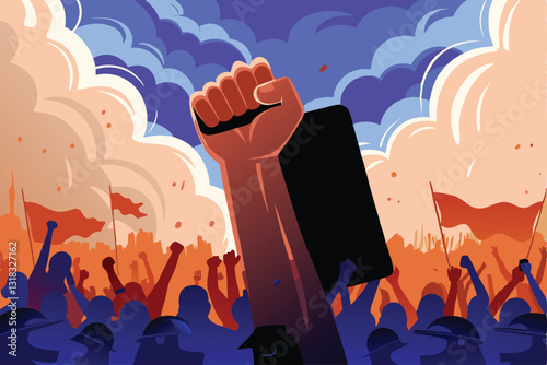 A colossal fist, veins bulging, violently shatters a police riot shield, sparks flying.  Depict raw power and social unrest.