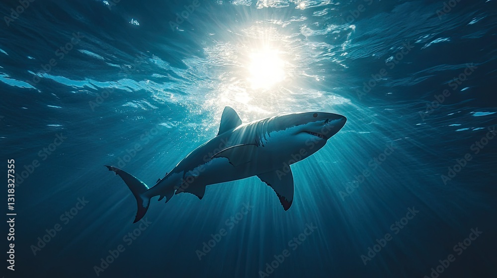 Fototapeta premium A silhouette of a great white shark swimming near the ocean surface, sunlight creating a dramatic effect.