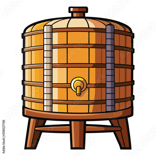 A rustic, handcrafted wooden wine fermentation tank, showcasing its grain and size.  Detailed image showing the tank's construction and potential for winemaking.