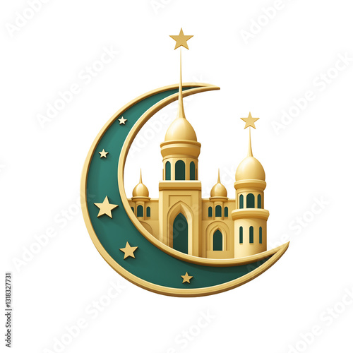 3D logo of a golden crescent and green mosque with a star, isolated on transparent background