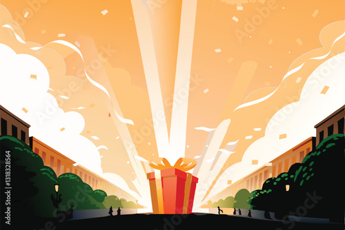 A giant gift box explodes, showering down incredible deals and discounts over a bustling city skyline.  Illustrate vibrant colors and celebratory confetti.