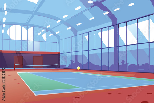 A modern, brightly lit indoor squash court complex; sleek design, polished floors, vibrant lighting.