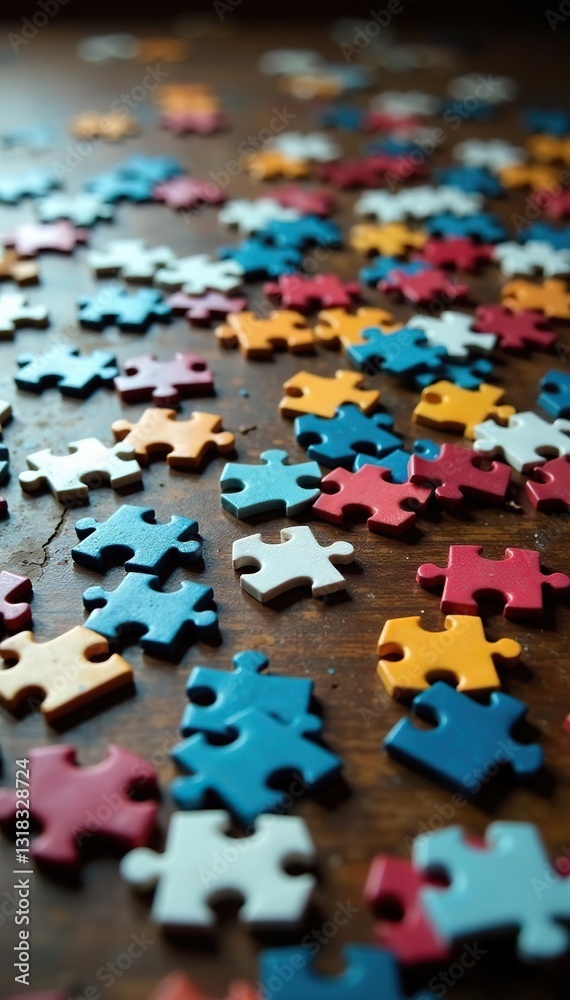 Jigsaw puzzle pieces in a messy heap on the floor, mess, chaos, disarray Jigsaw puzzle pieces in a messy heap on the floor, mess, chaos, disarray