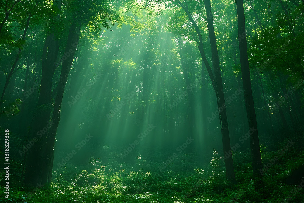 Obraz premium Sunbeams piercing misty green forest