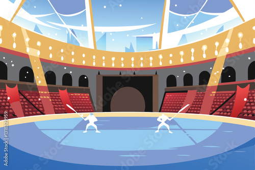 A wide-shot image of a sleek, modern indoor venue for fencing, showcasing its expansive floor space and minimalist design.