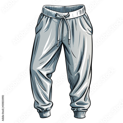 Generate a vector illustration of realistic, comfortable grey sweatpants, showing detailed texture and folds.  Include subtle shadowing for depth.