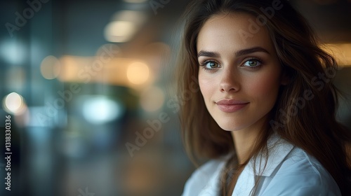 Wallpaper Mural Compassionate Female Healthcare Professional in White Coat, Head and Shoulders Portrait with Soft Side Lighting, Blurred Hospital Background. Torontodigital.ca