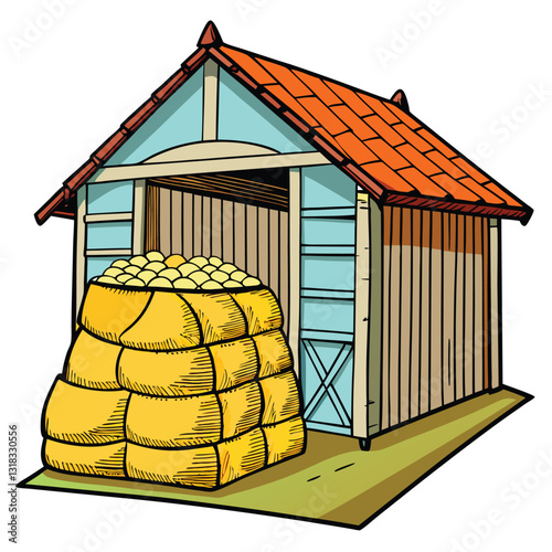 A meticulously organized storage shed overflowing with neatly stacked sacks of rice, showcasing efficient agricultural storage.